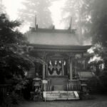 A small shrine in the mist at the summit of Mt Mitake, Tokyo